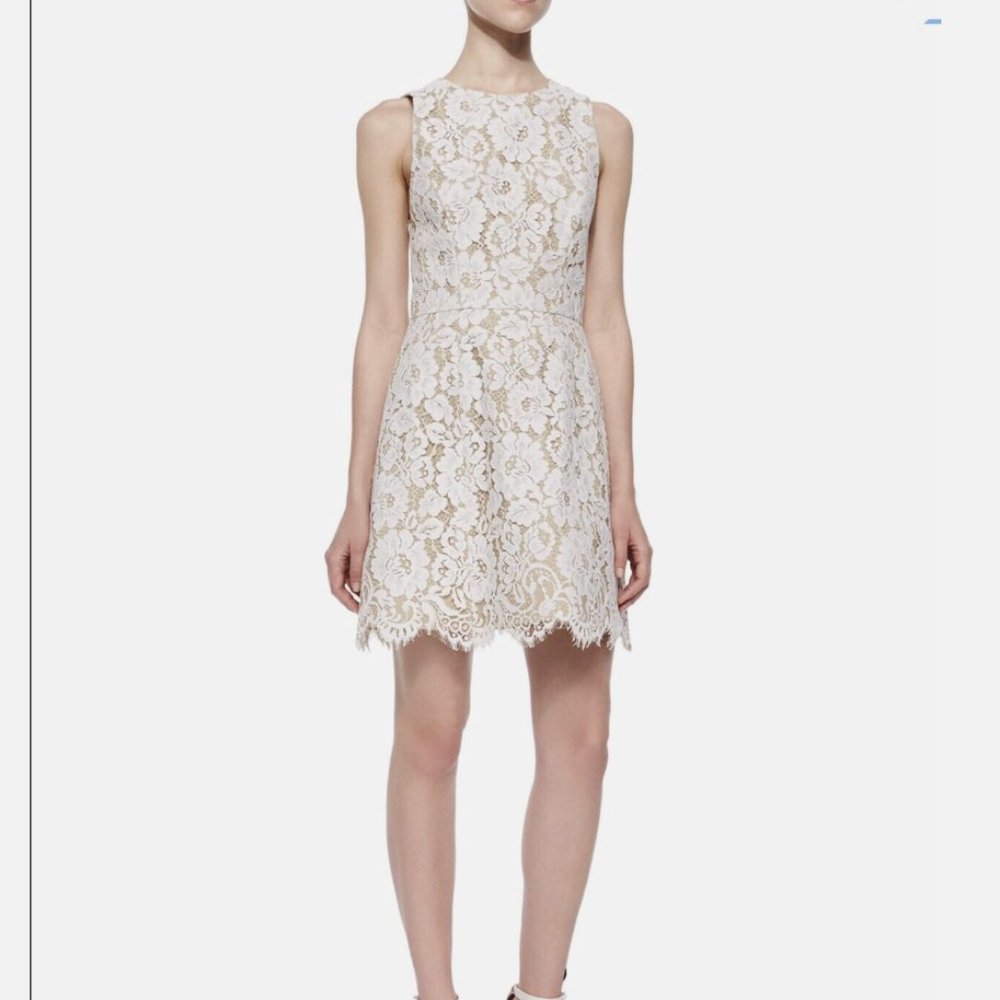 Alice + Olivia Womens Leann Sleeveless Fit Flare Lace Dress in Beige, Size 2